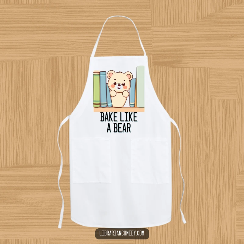 Funny bear cub peeking from behind a bookshelf on a kitchen apron, perfect for cooking and baking, a funny gift.