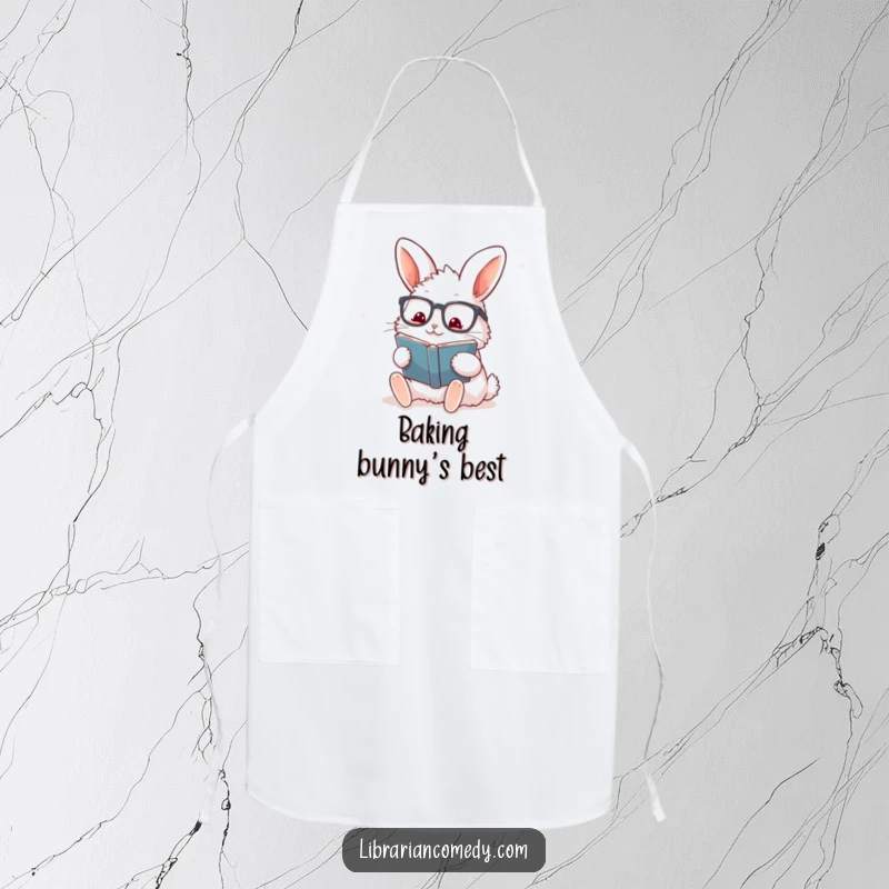 Funny rabbit with glasses stamping a book on a kitchen apron, perfect for cooking and baking with enthusiasm, a funny gift.
