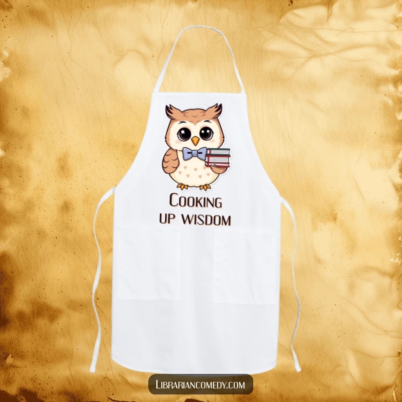 Funny owl wearing a chef hat and bowtie on an apron, ready to cook, a funny gift for cooks and readers.