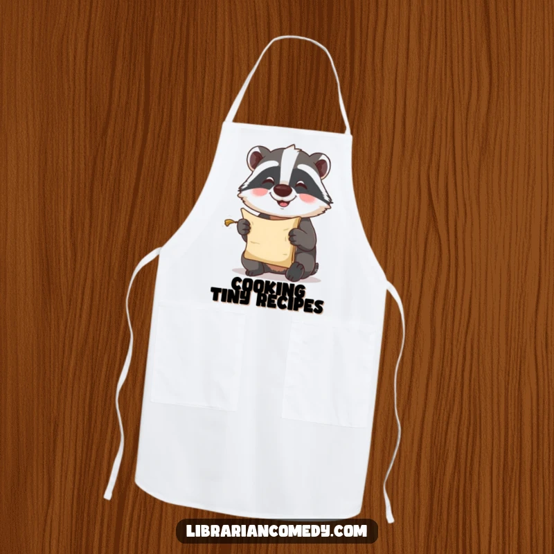 Funny Apron: A happy badger comically peering at a minuscule scroll, ready to add a touch of wisdom to culinary creations.
