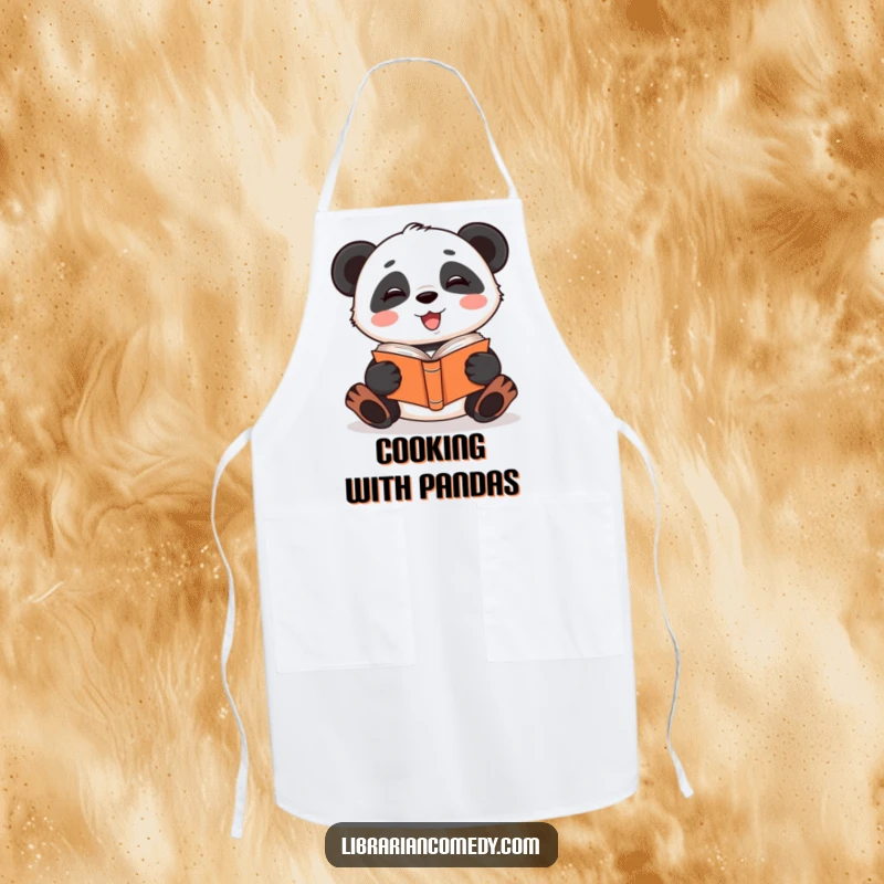 Funny giggling panda reading a book upside down on a kitchen apron, perfect for cooking with quirky style, a funny gift.