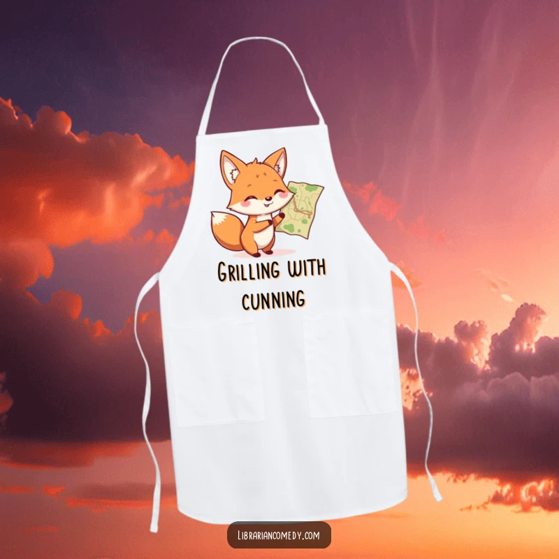 Funny fox pointing at a map on a kitchen apron, perfect for culinary adventures and cooking, a funny gift.