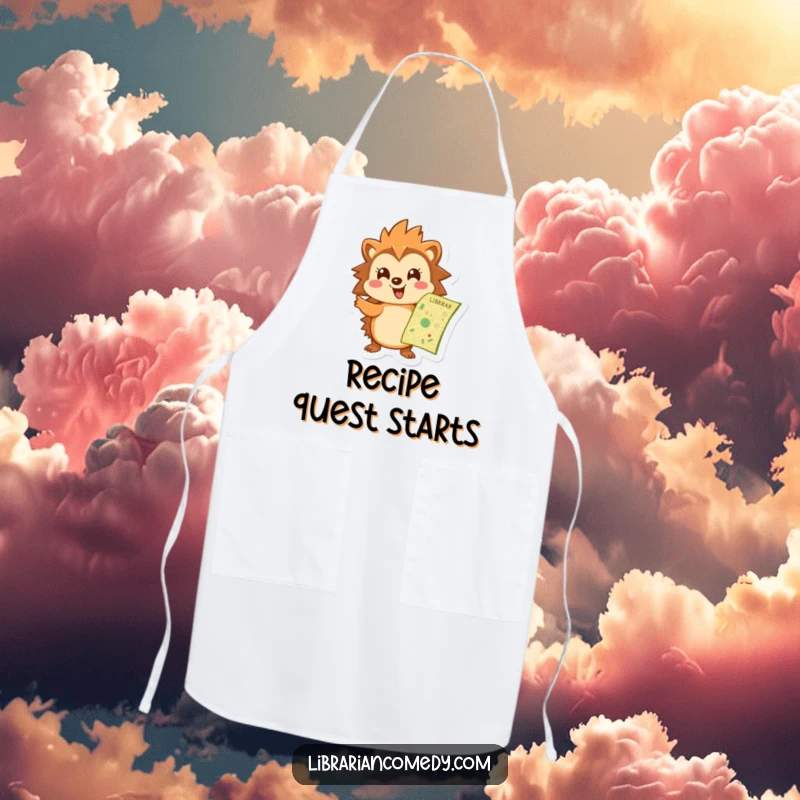 Funny hedgehog apron showing a cheerful hedgehog pointing at a library map, perfect for kitchen activities for organized book lovers.