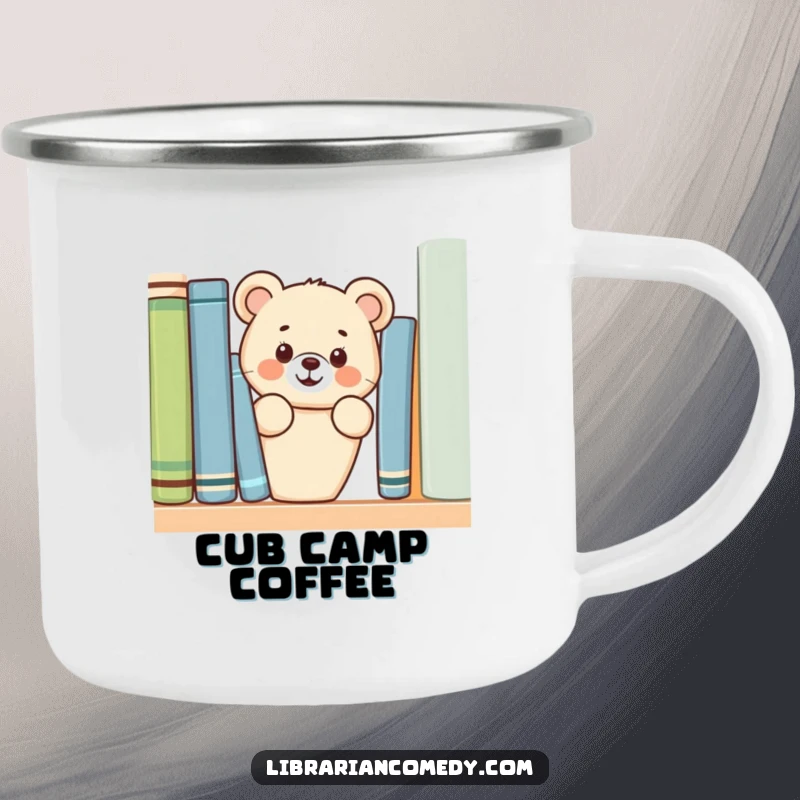 Funny bear cub peeking from behind a bookshelf on a durable camping mug, perfect for outdoor enthusiasts and coffee lovers.