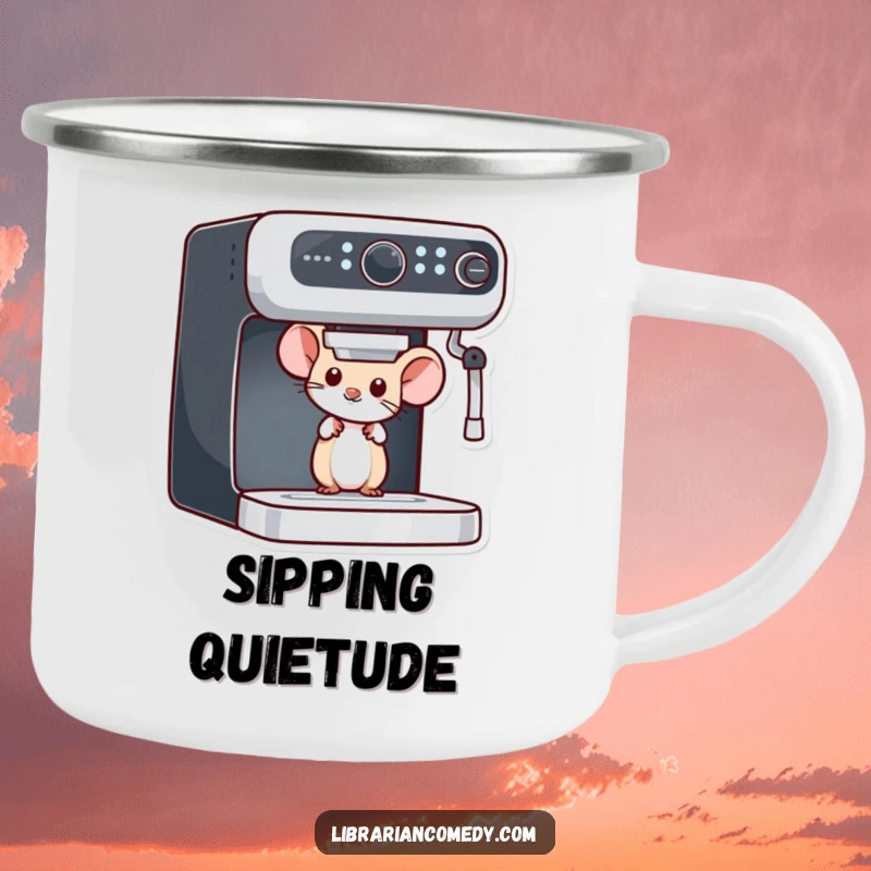 Funny mouse camping mug showing a curious mouse peeking from behind a bookshelf, perfect for outdoor readers who love a quiet moment.