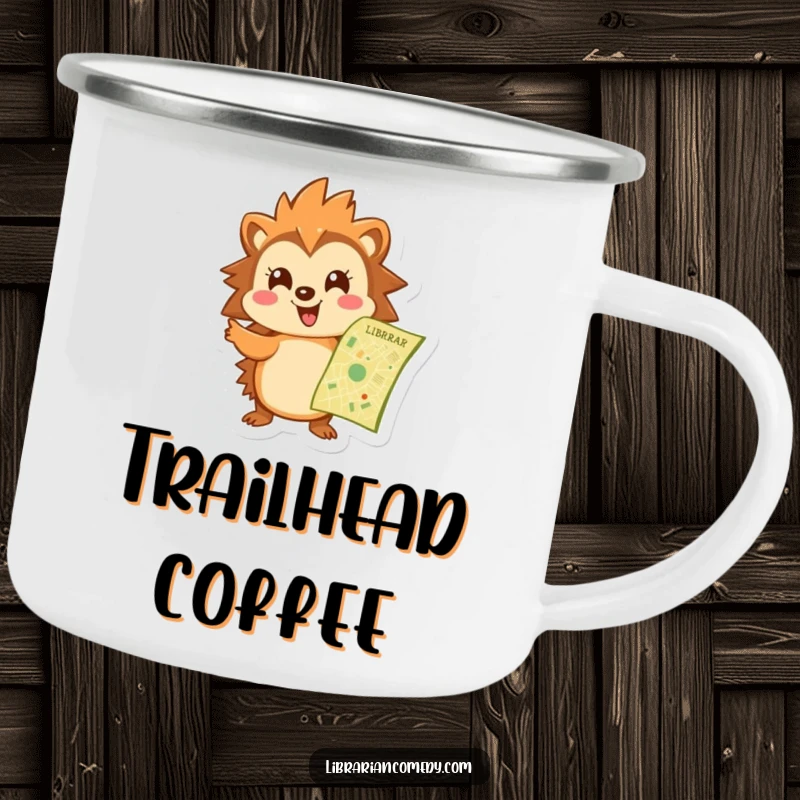 Funny hedgehog camping mug showing a cheerful hedgehog pointing at a library map, perfect for outdoor explorers who appreciate guidance.
