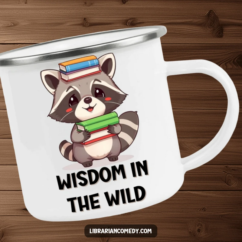 Funny Camping Mug: A playful raccoon comically balancing books on its head, designed for outdoor adventures and laughter.