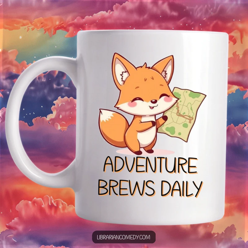 Funny smiling fox pointing at a map with a twinkle in its eye on a mug, indicating adventure and curiosity, a funny gift.