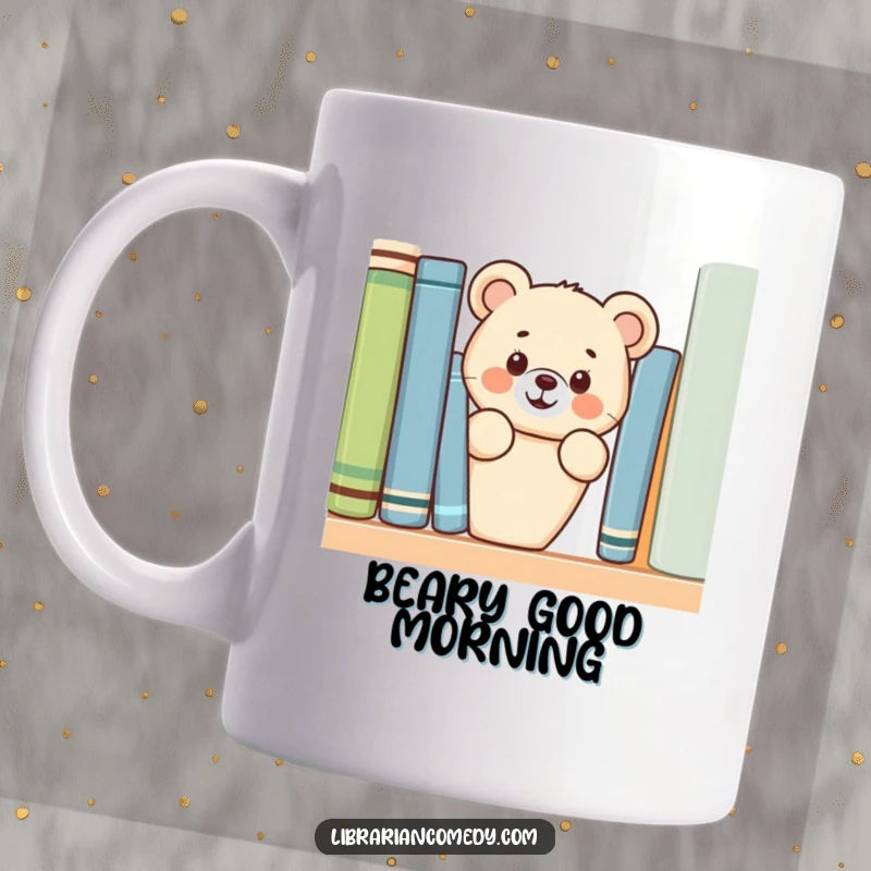 Funny cheerful bear cub peeking from behind a bookshelf on a mug, looking curious and friendly, a cute gift.