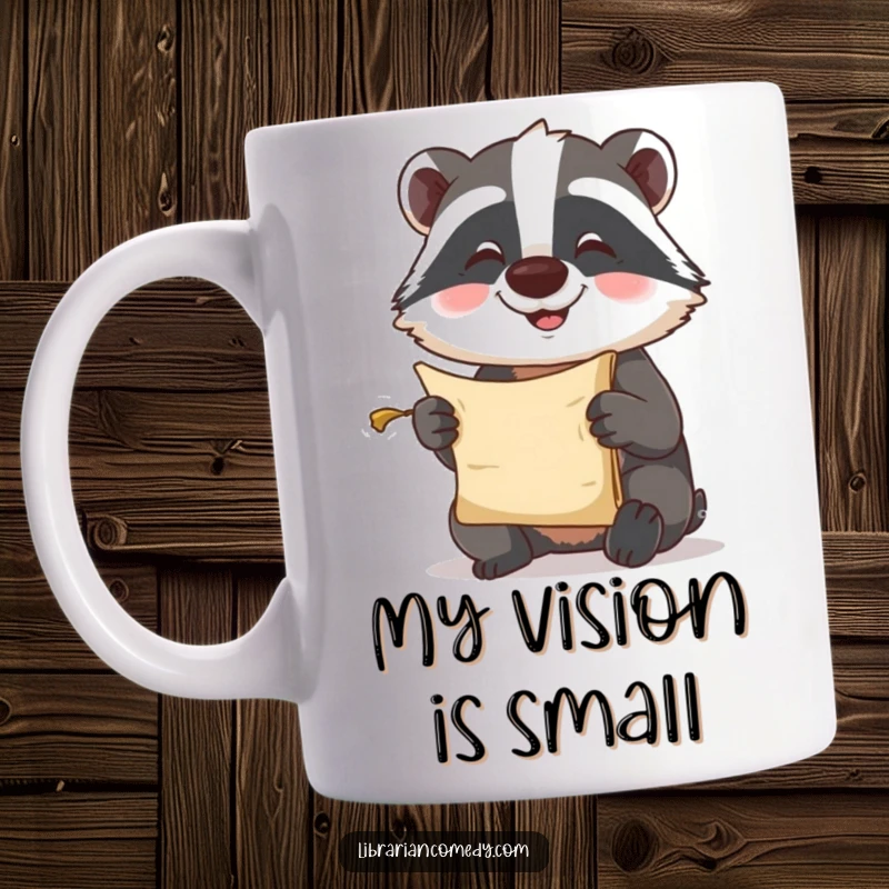 Funny Mug: A happy badger comically squinting to read a very small scroll, looking studious and slightly bewildered.