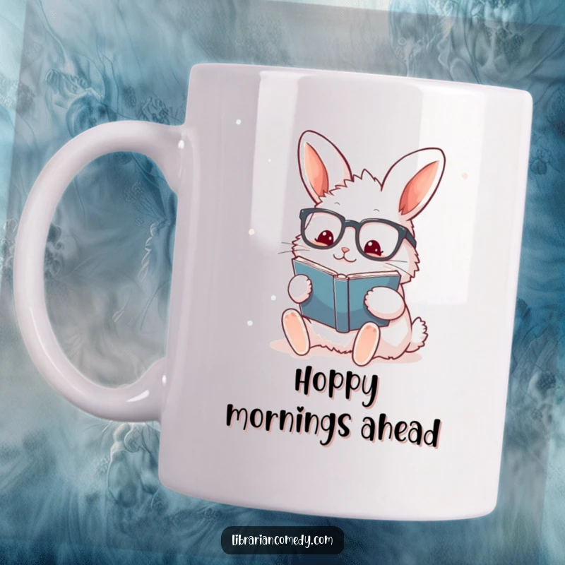 Funny rabbit with glasses enthusiastically stamping a book on a mug, showing passion for reading, a funny gift.