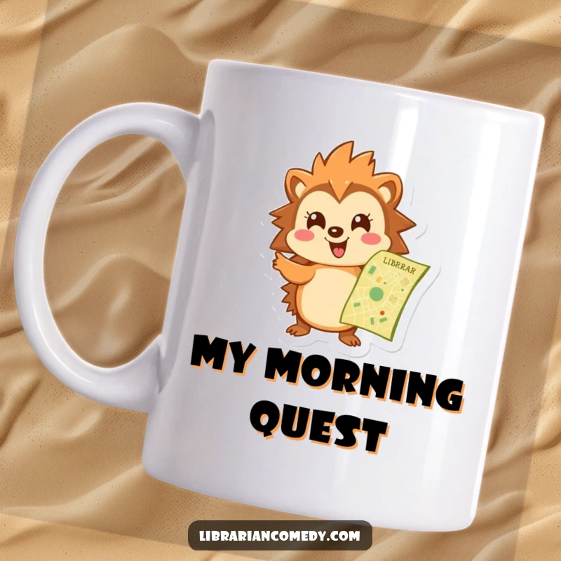 Funny hedgehog mug showing a cheerful hedgehog pointing at a library map, embodying a love for exploration and organized fun.