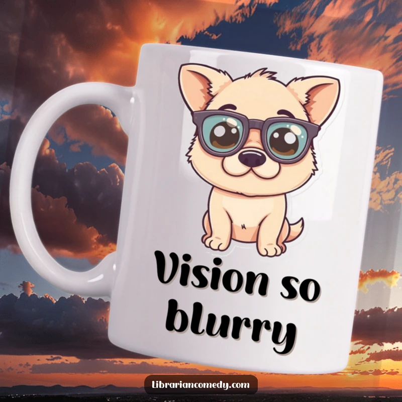 Funny Mug: A silly dog with a goofy grin, comically wearing a pair of oversized, round spectacles perched on its nose.