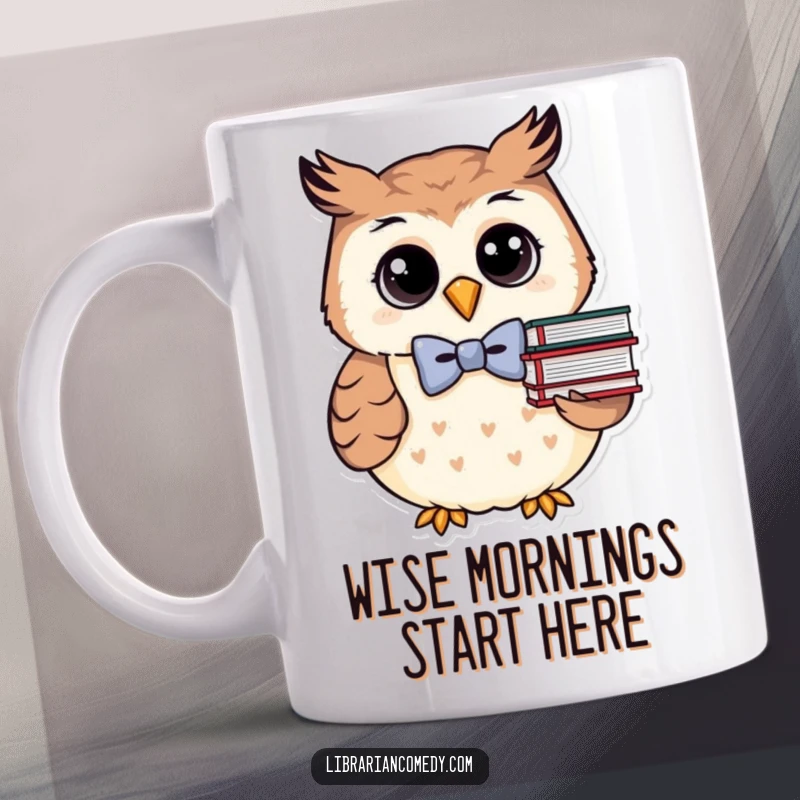 Funny owl wearing a bowtie holding books on a mug, looking smart and scholarly, perfect for book lovers.