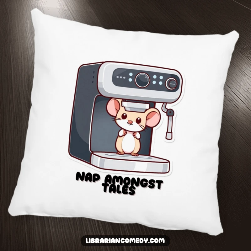 Funny mouse pillow with a curious mouse peeking from behind a bookshelf, offering comfort and a touch of literary charm.