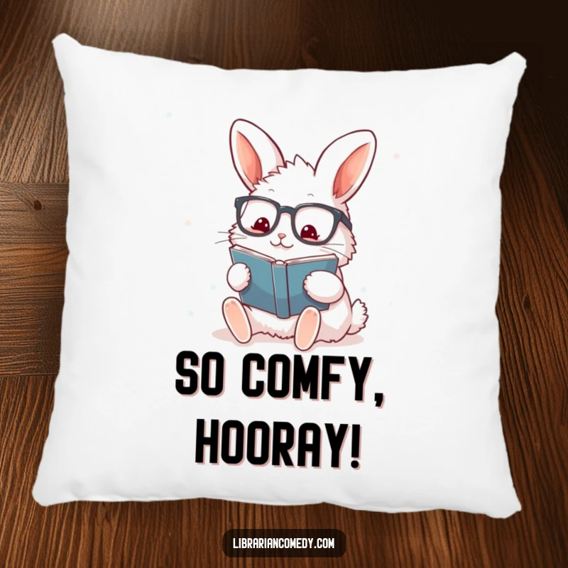 Funny rabbit with glasses stamping a book on a decorative pillow, adding comfort and playful energy, a funny gift.