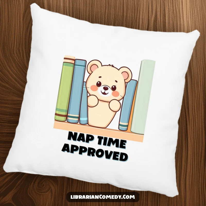 Funny bear cub peeking from behind a bookshelf on a decorative pillow, offering comfort and cuteness, a funny gift.