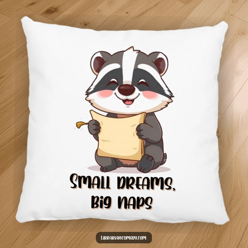 Funny Pillow: A cute badger comically tries to read a small scroll, adding a touch of humor and warmth to any pillow.