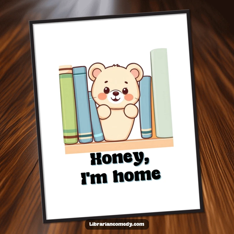 Funny bear cub peeking from behind a bookshelf as a digital art print, ideal for instant download and wall decor, a humorous gift.