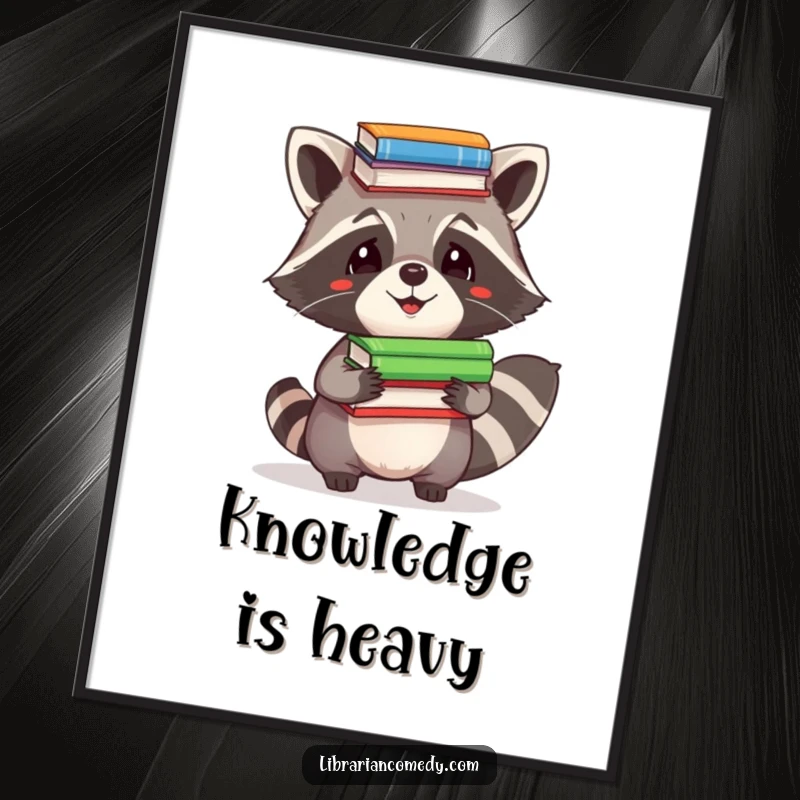 Funny Digital Art Print: A whimsical raccoon expertly comically balancing a large stack of books on its head, full of personality.