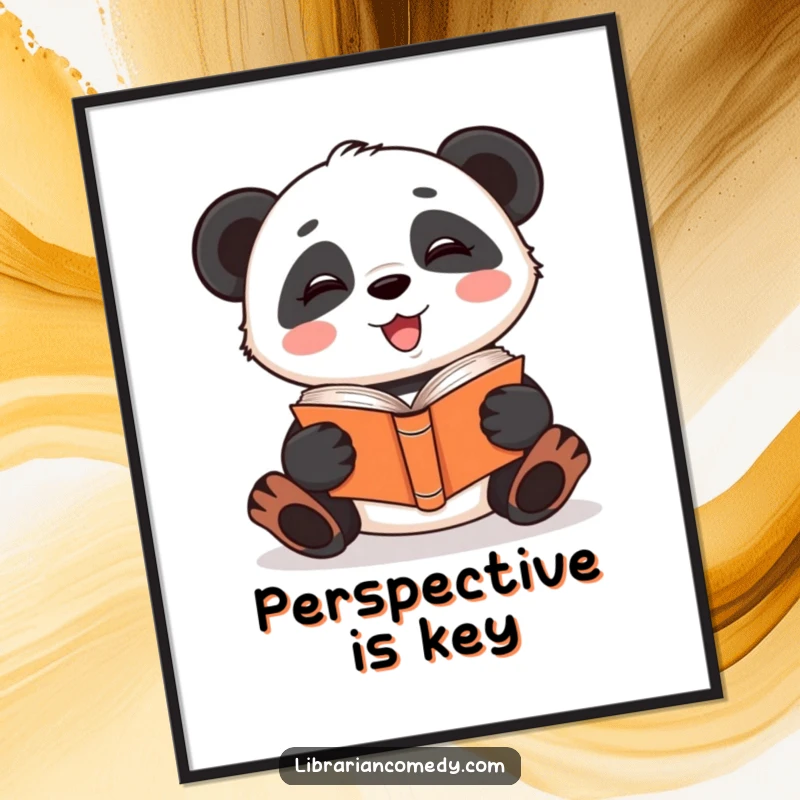 Funny giggling panda reading a book upside down as a digital art print, suitable for instant download and wall decor, a humorous gift.