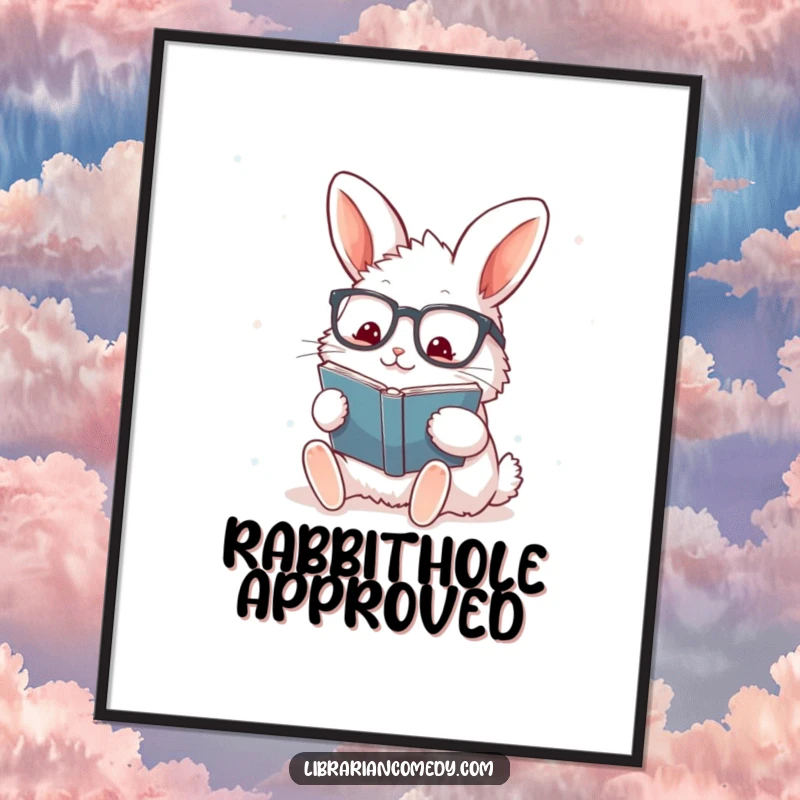 Funny rabbit with glasses stamping a book as a digital art print, suitable for instant download and wall decor, a humorous gift.