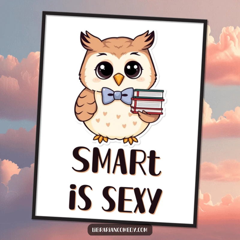 Funny owl with bowtie and books as a digital art print, suitable for instant download and wall decor, a humorous gift.