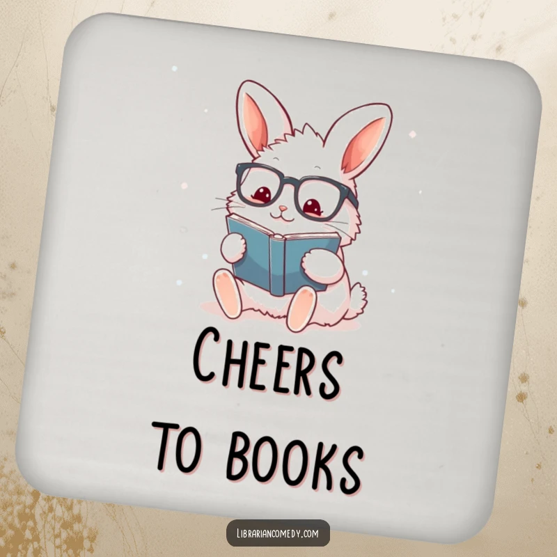 Funny rabbit with glasses stamping a book on a drink coaster, protecting surfaces with enthusiasm, a funny gift.