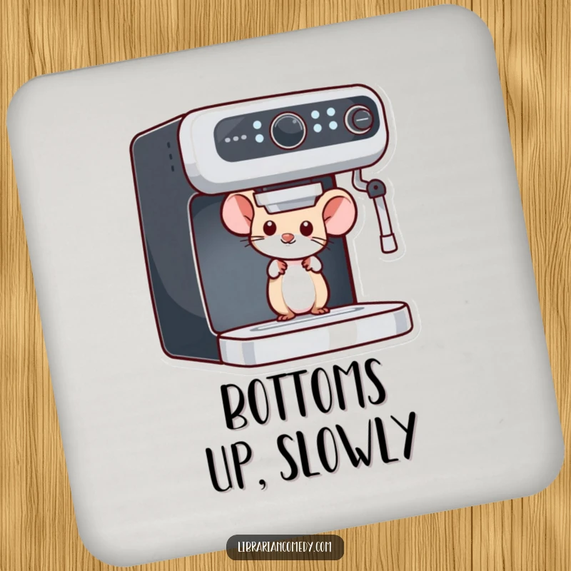 Funny mouse drink coasters with a curious mouse peeking from behind a bookshelf, offering protection and a touch of literary charm.