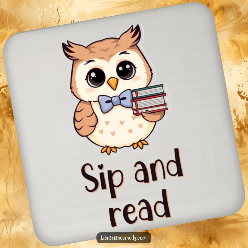 Funny owl with bowtie and books on a drink coaster, protecting surfaces with charm, a funny gift for book lovers.