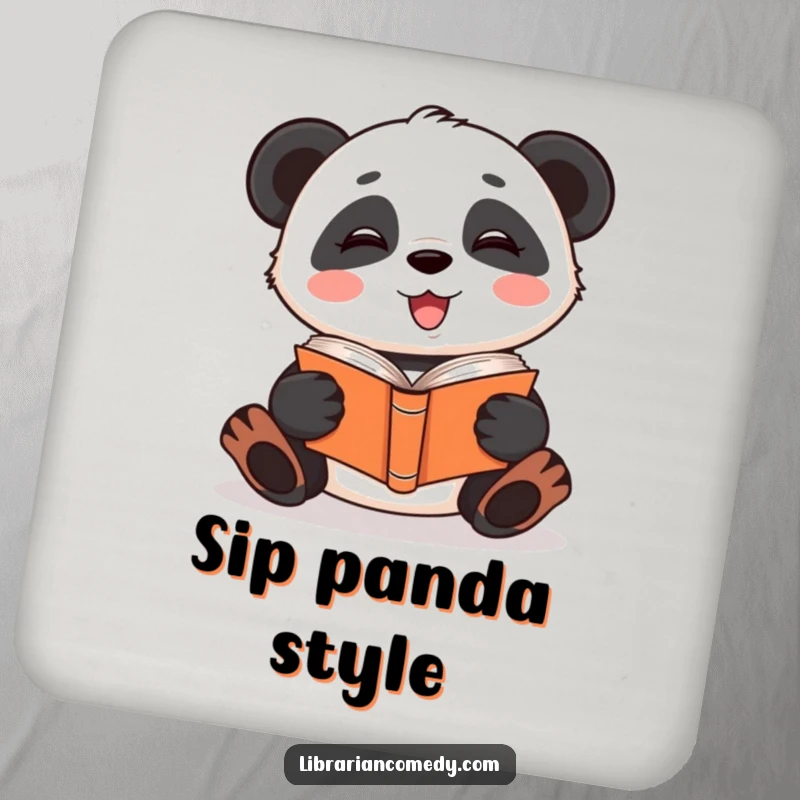 Funny giggling panda reading a book upside down on a drink coaster, protecting surfaces with quirky charm, a funny gift.