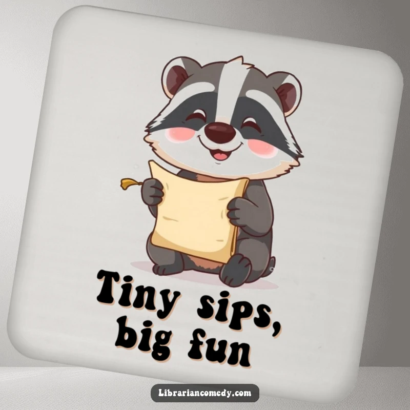 Funny Coaster: A cute badger comically reading a tiny scroll, adding humor while protecting your surfaces with woodland charm.
