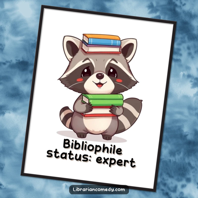 Funny Poster: A playful raccoon comically balancing a pile of books on its head, a whimsical piece of art for any room.