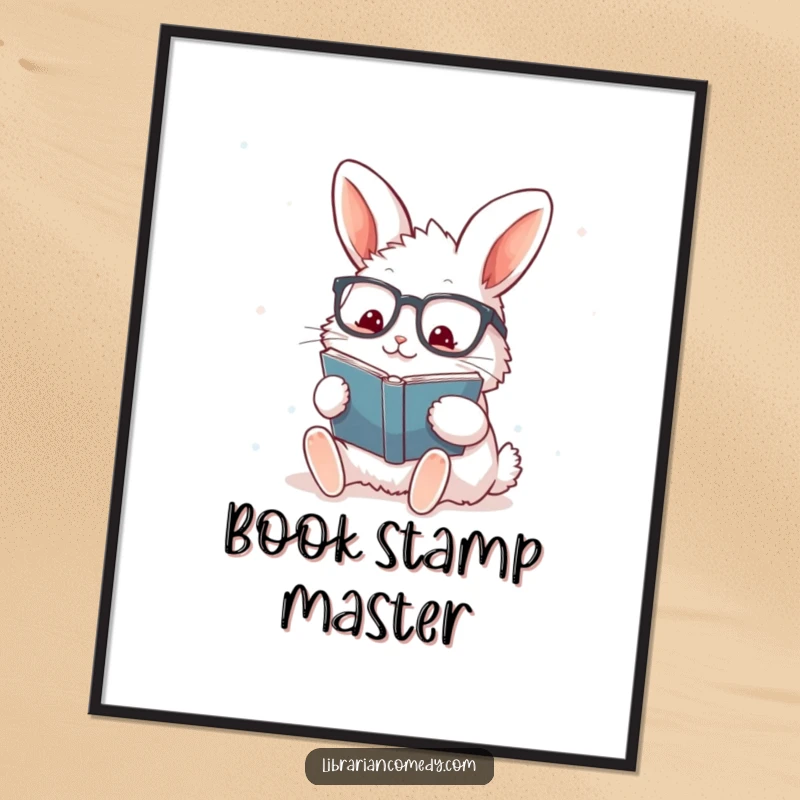 Funny rabbit with glasses enthusiastically stamping a book on a poster, adding energy to walls, perfect for reading spaces.