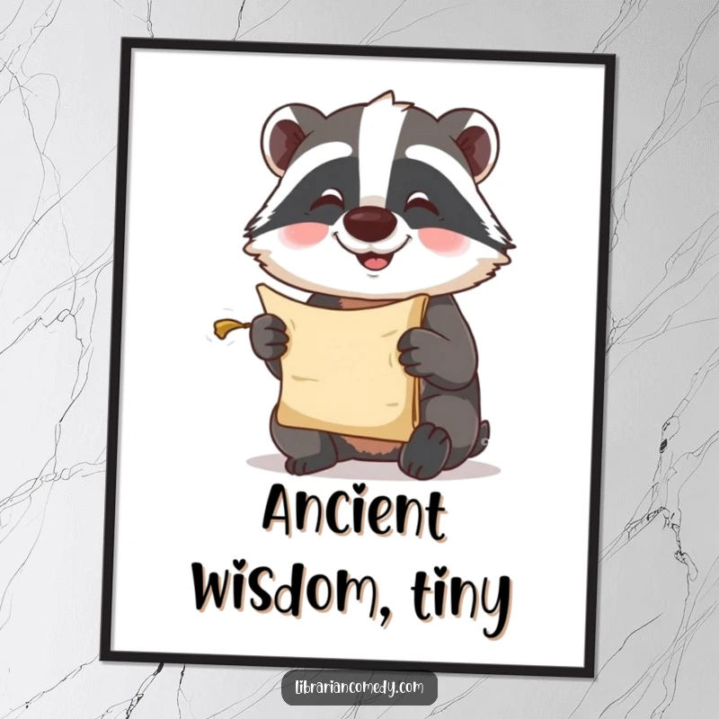 Funny Poster: A happy badger comically holds a tiny scroll, attempting to read its secrets, perfect for whimsical decor.