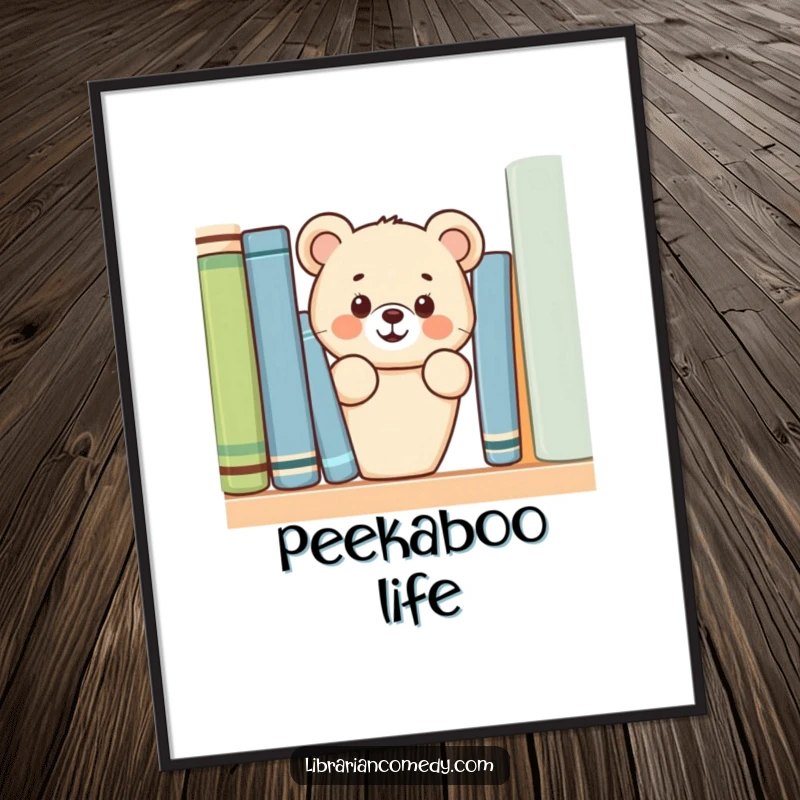 Funny cheerful bear cub peeking from behind a bookshelf on a poster, adding charm to walls, perfect for adding joy.