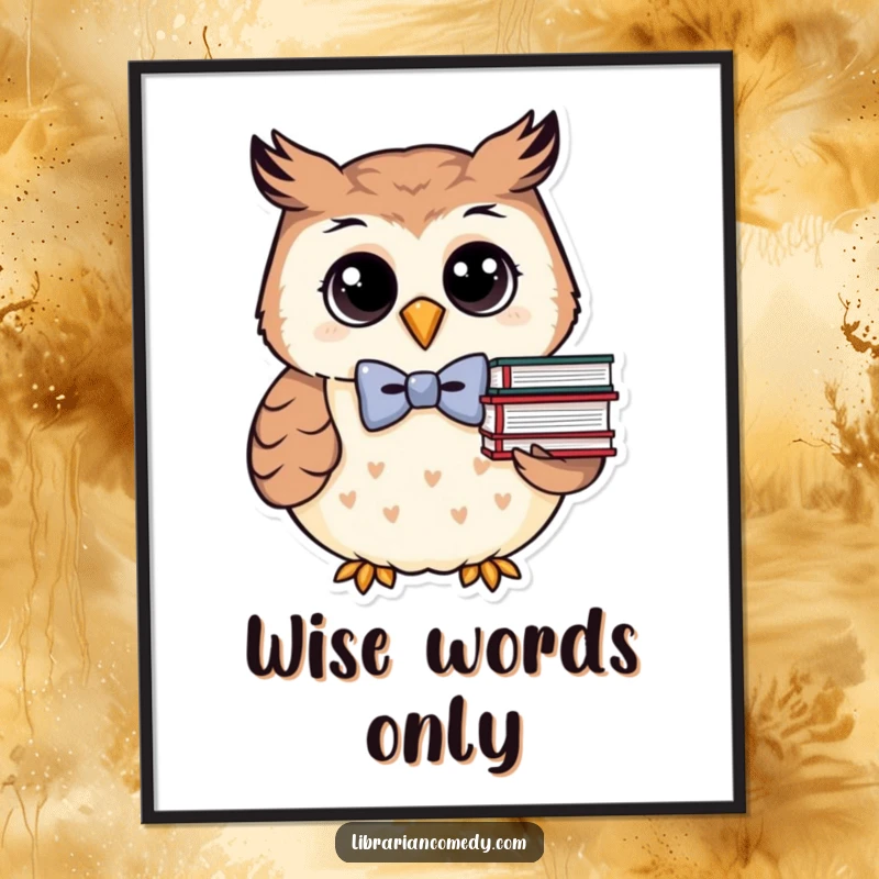 Funny owl wearing a bowtie and holding books on a poster, adding charm to walls, perfect for book lovers.
