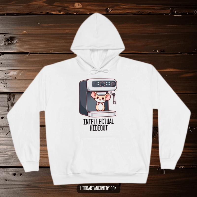 Funny mouse hoodie showing a curious mouse peeking from behind a bookshelf, perfect for cozying up with a good book.
