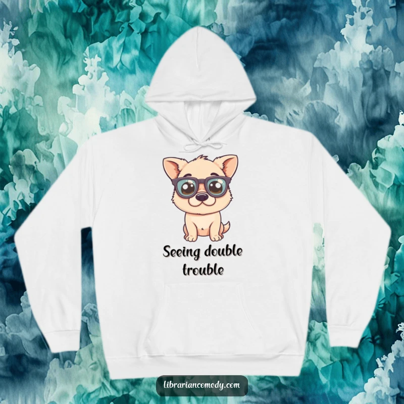 Funny Hoodie: A cute dog comically wears oversized glasses, giving a wise yet goofy expression, perfect for cozy days.