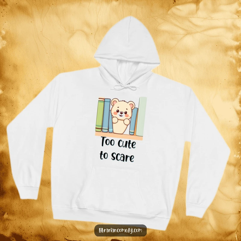 Funny cheerful bear cub peeking from behind a bookshelf on a hoodie, offering warmth and cuteness, a funny gift.