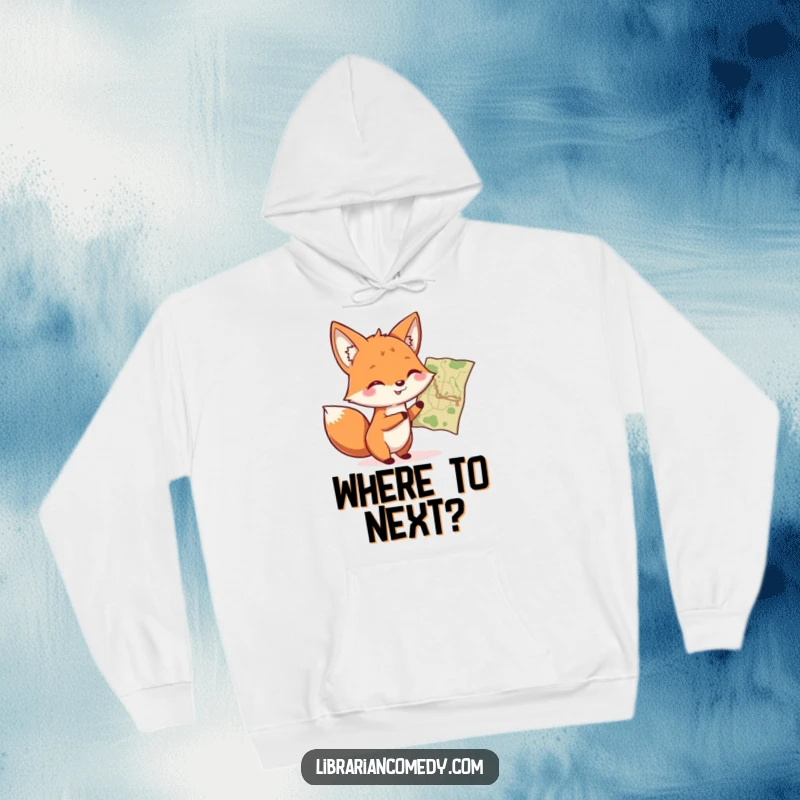 Funny smiling fox pointing at a map on a cozy hoodie, indicating warmth and a love for travel, a funny gift.
