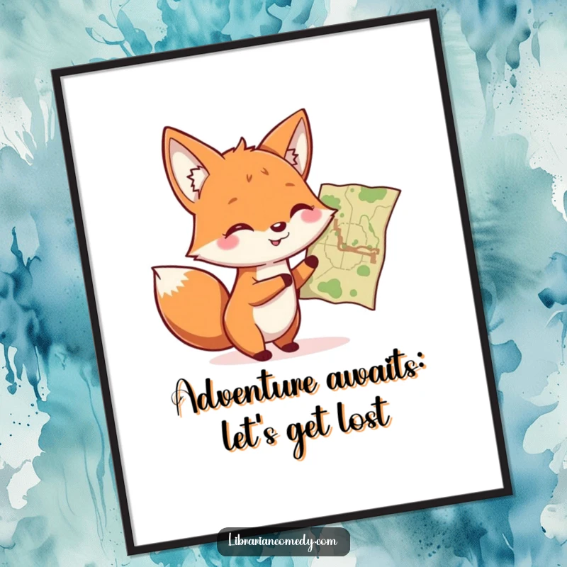 Funny Free Printable Wall Art: Charming fox with a twinkle in its eye, pointing at a map, ready for adventure.