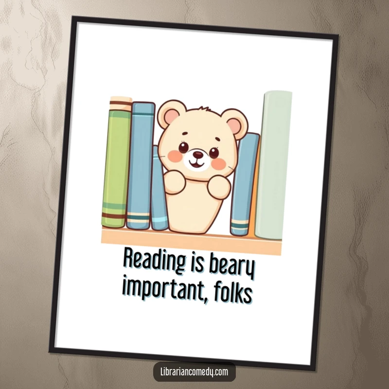 Funny Free Printable Wall Art: Adorable bear cub peeking out from behind a bookshelf, adding a playful touch.
