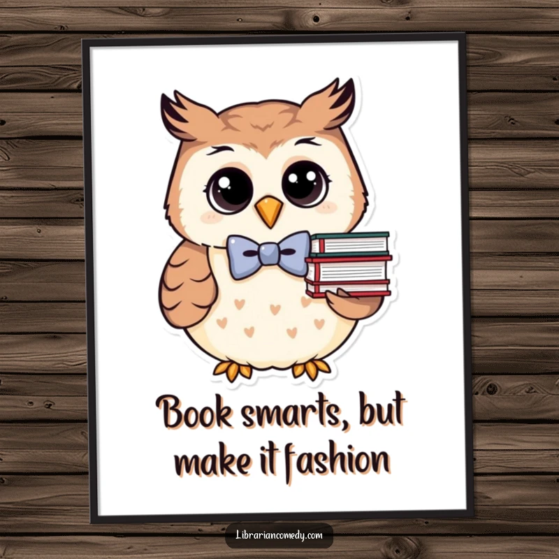 Funny Free Printable Wall Art: Adorable owl in a tiny bowtie, proudly holding a stack of books, perfect for bibliophiles.