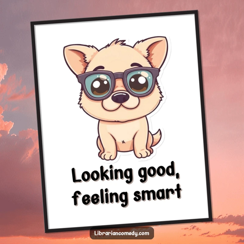 Funny Free Printable Wall Art: A silly dog with wide eyes wearing comically large, oversized glasses looking inquisitive.