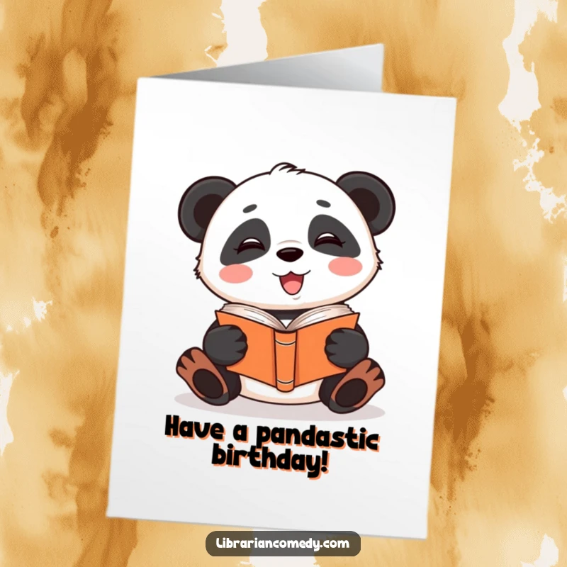 Funny Free Printable Birthday Card: Giggling panda reading a book upside down, bringing comedic literary joy to the celebration.