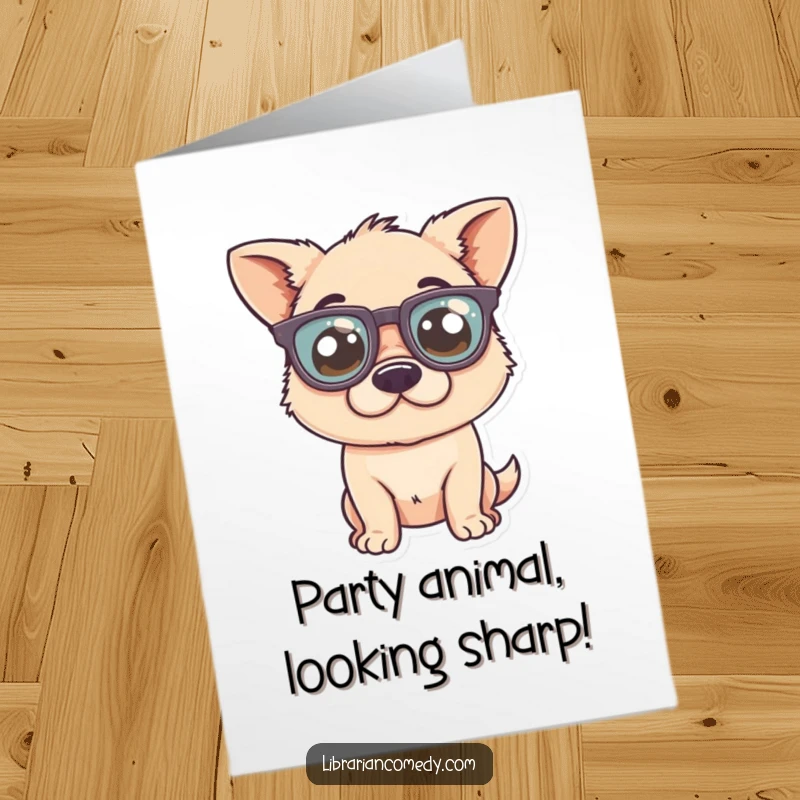 Funny Free Printable Birthday Card: A silly dog wearing comically large glasses, looking surprised and cheerful.