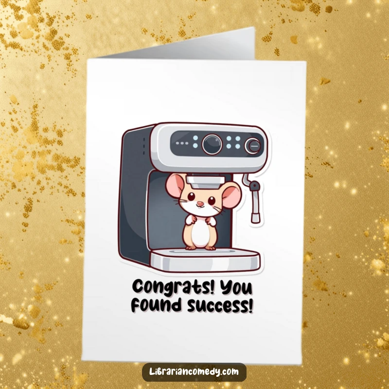 Funny Free Printable Congratulations Card: A curious mouse peeks from behind a bookshelf, offering quiet congratulations.