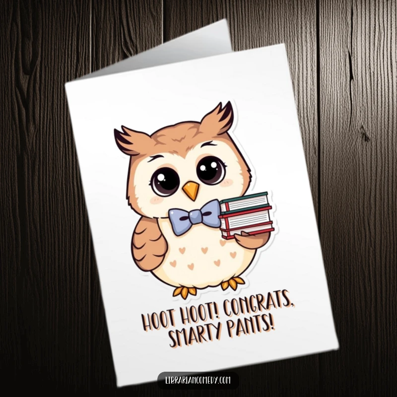Funny Free Printable Congratulations Card: Dapper owl in bowtie, holding books, celebrating success with academic charm.