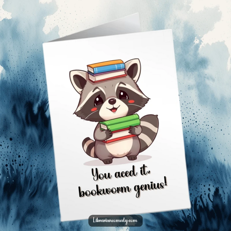 Funny Free Printable Congratulations Card: Raccoon triumphantly balancing books on its head to celebrate an achievement.